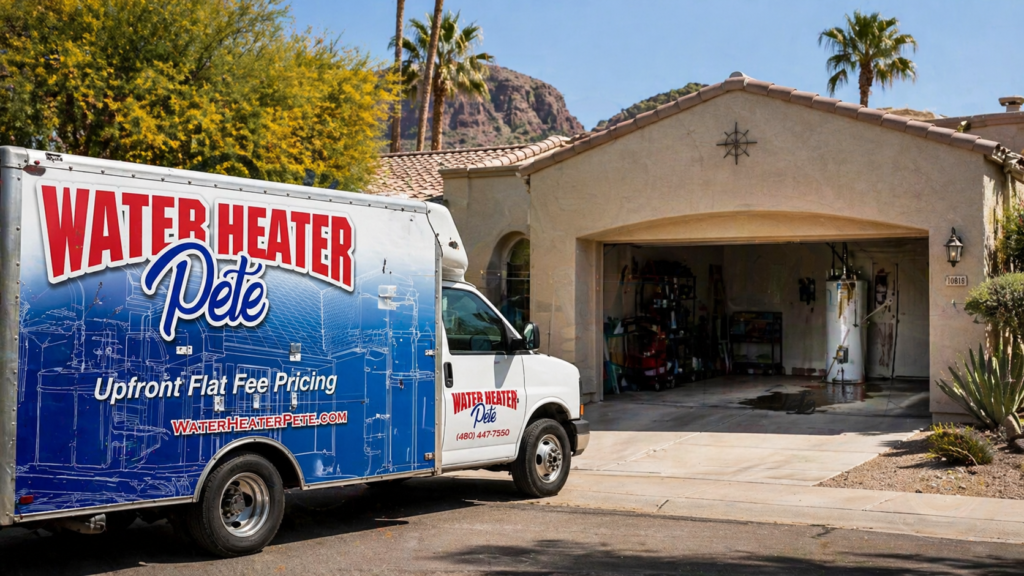 Water Heater Pete truck at customers house replacing a water heater